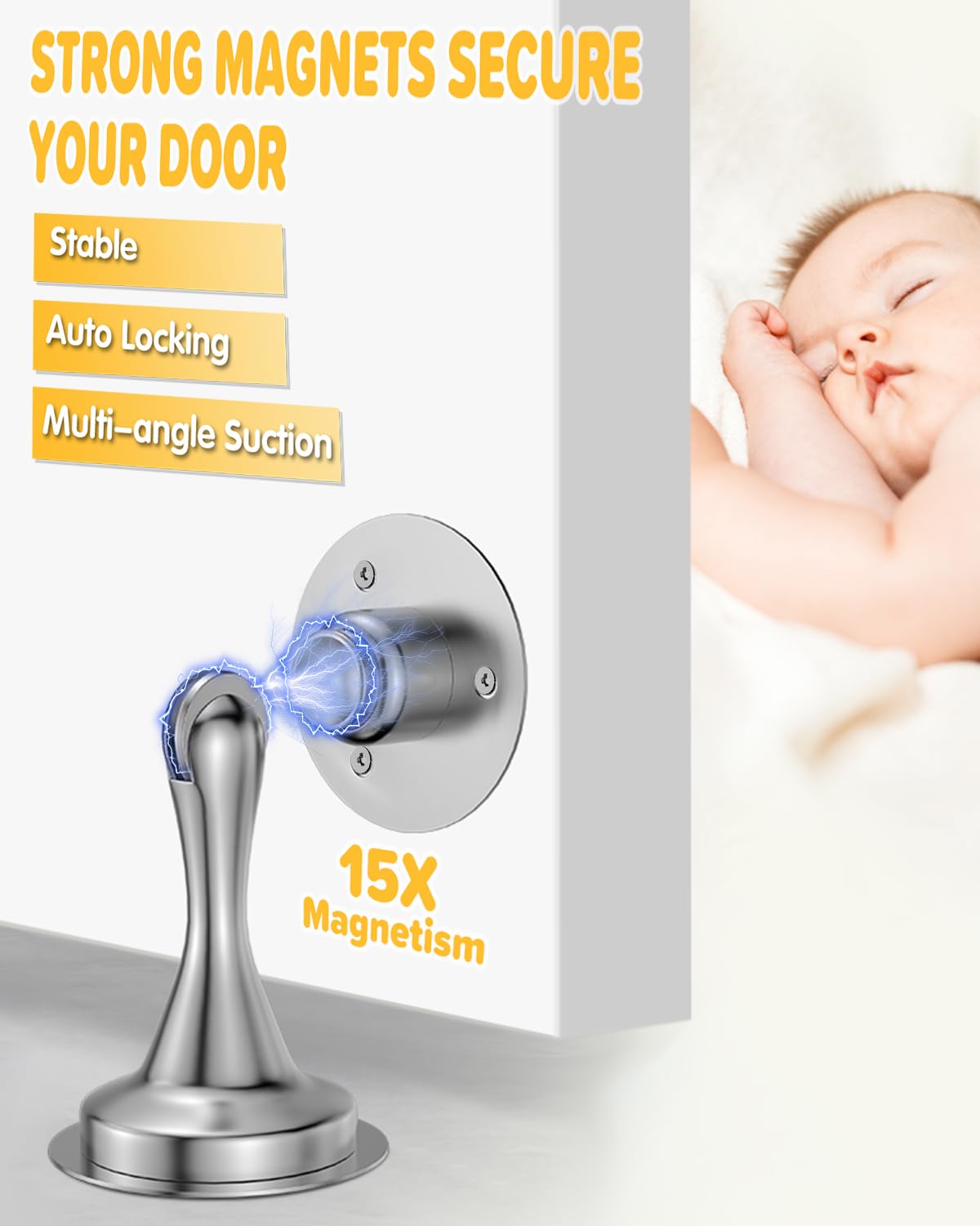 Magnetic Door Stop Holder 4 Pack - Door Stoppers Stainless Steel Heavy Duty Stops for Bottom of Door - Wall Floor Mounting No Drill Strong Adhesive & Screws Magnet Catch Keep Door Open