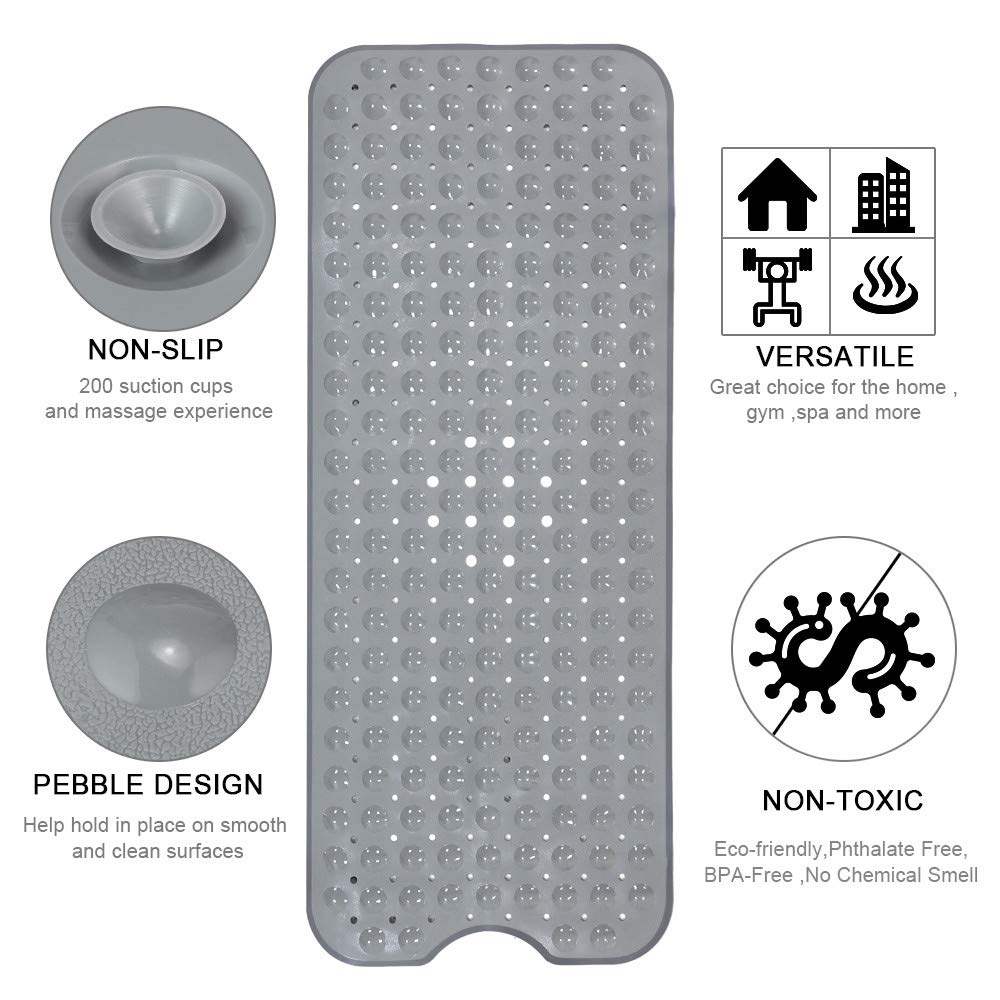 YINENN Bath and Shower Safety Mats 40x16 inch, Non Slip with Suction Cups for Bathroom Stall and Tub Floor, Extra Large and Machine Washable, Drain Holes Keep Bathtub Clean, Grey