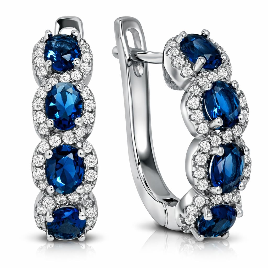 Amy & Annette Blue Sapphire Earrings - 18k White Gold Plated Halo Earring for Women - Great Gift Idea for Every Occasion