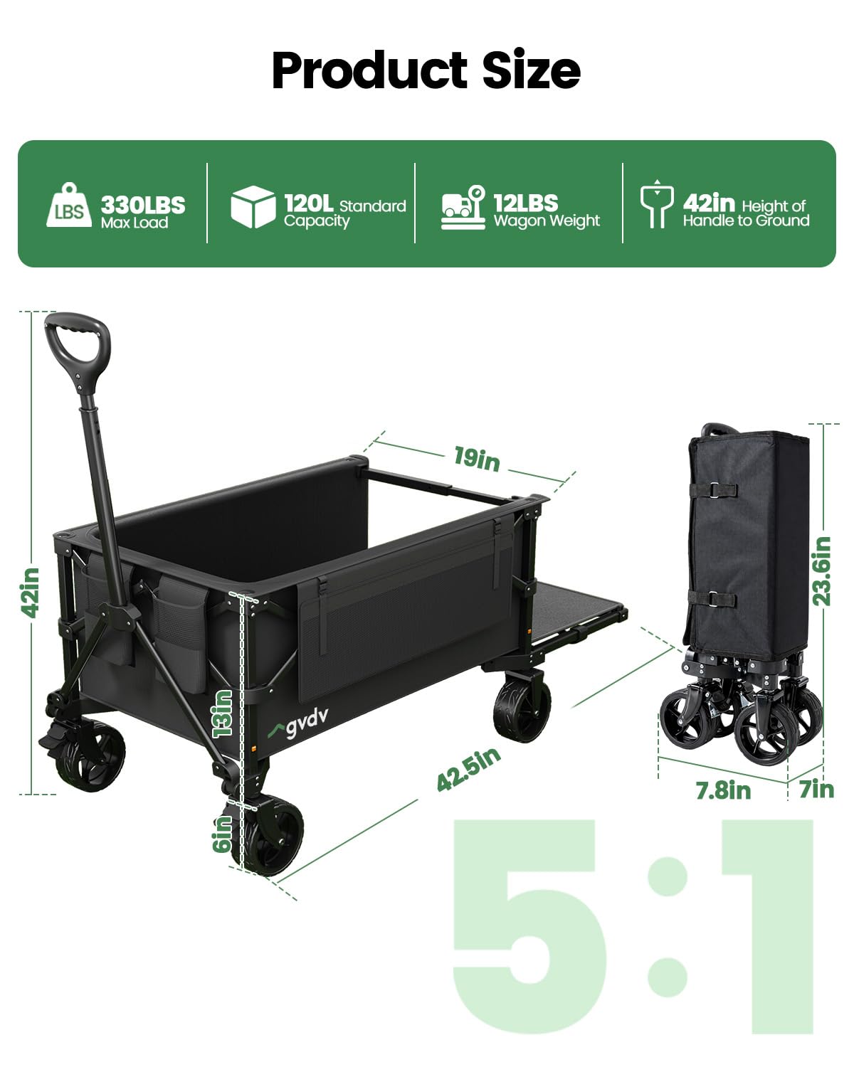 GVDV CW35 Plus Wagon Carts Foldable with Tailgate, 42 in Extended Handle