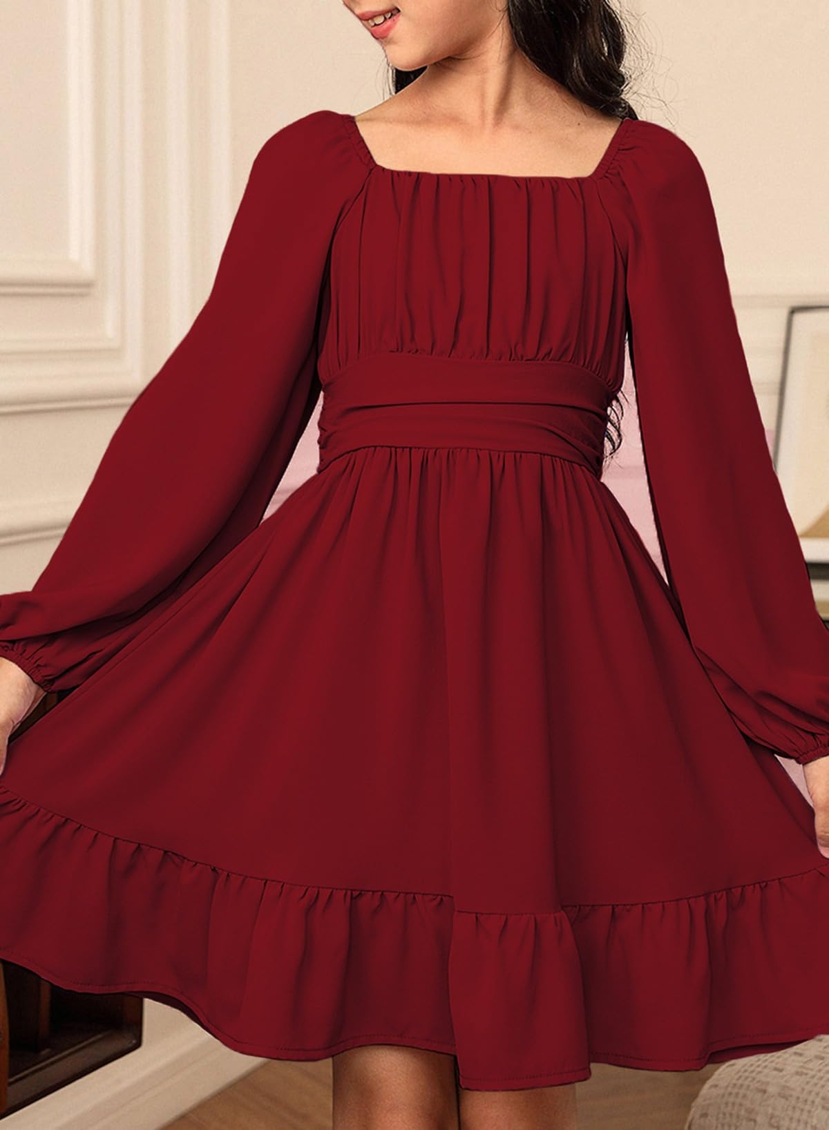 blibean Girls Long Sleeve Tie Back Dress Teen Fall Boho Wedding Guest Dresses Tween Holiday Formal Outfit Big Kids Cute Dance Christmas Clothes Size 12-13 Years Old Red