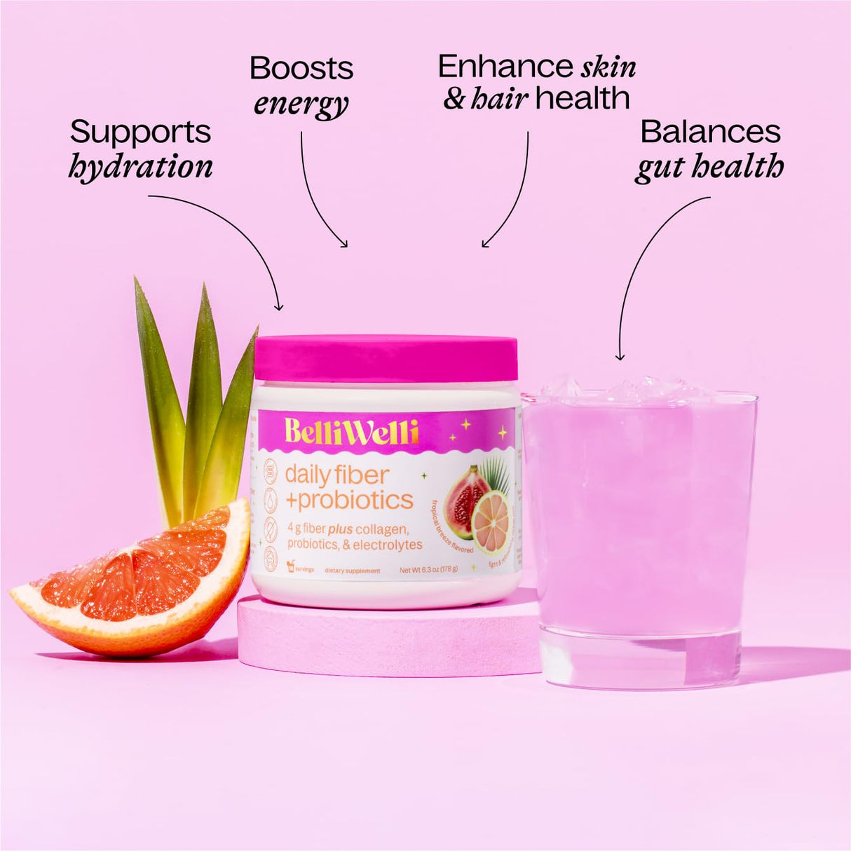 BelliWelli Fiber Supplement for Women & Men – Premium Daily Fiber Powder from Organic Acacia with Added Collagen, Electrolytes & Probiotics – No Bloat, Constipation & Gut Health Support (Tropical)