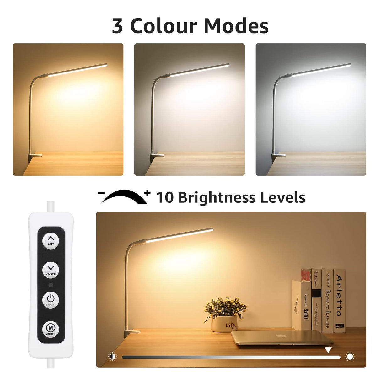 Lepro Small Desk Lamp with Clamp, LED Reading Lamps with 450LM, 3 Color Modes 10 Brightness, Dimmable USB Clip on Desk Light with Gooseneck Swing Arm for Nail, Home Office and Dorm (White)