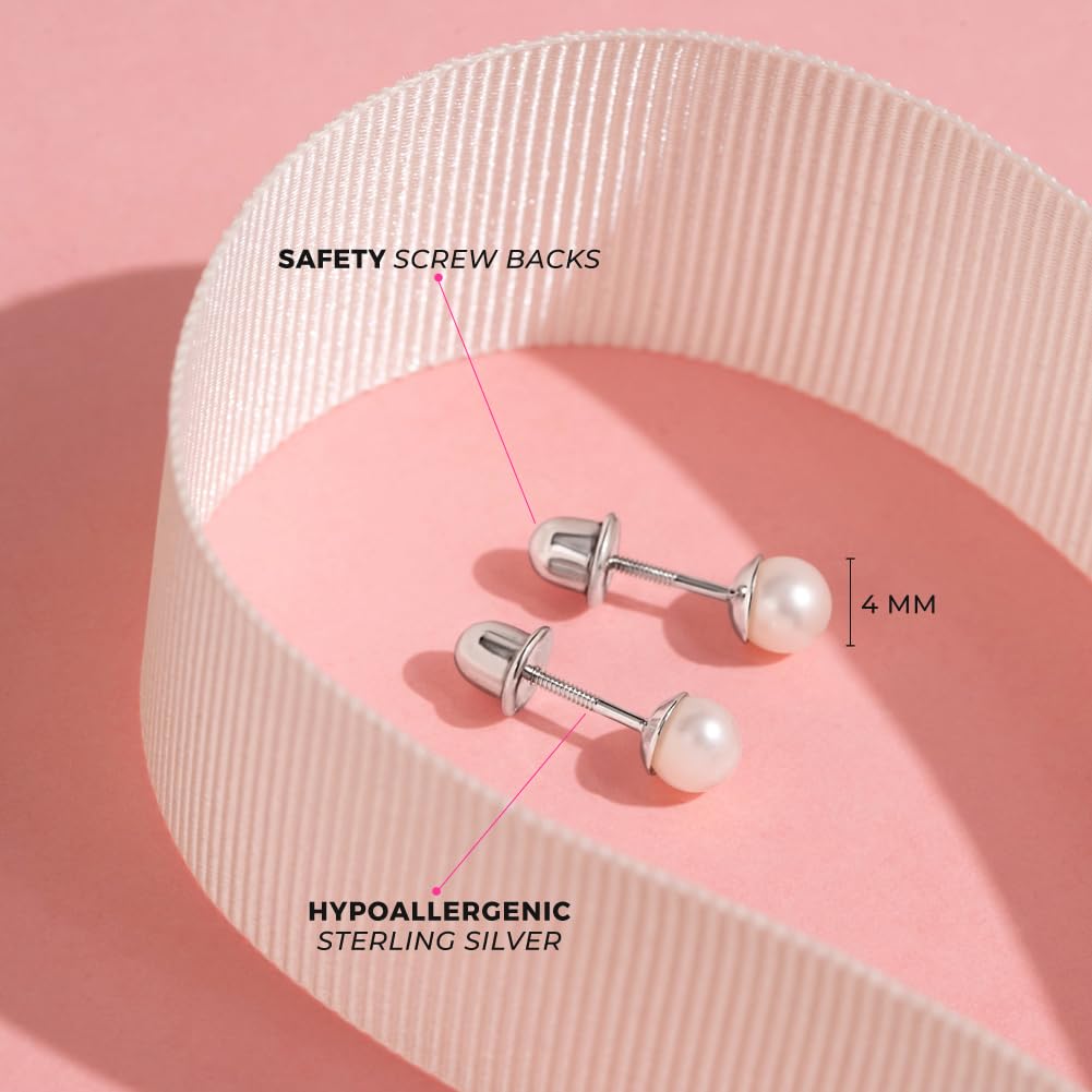 In Season Jewelry Simulated Pearl Kids Earrings – 925 Sterling Silver Hypoallergenic Earrings for Girls with Safety Screw Backs – Safe & Comfortable for Toddlers, Kids & Little Girls, 4mm