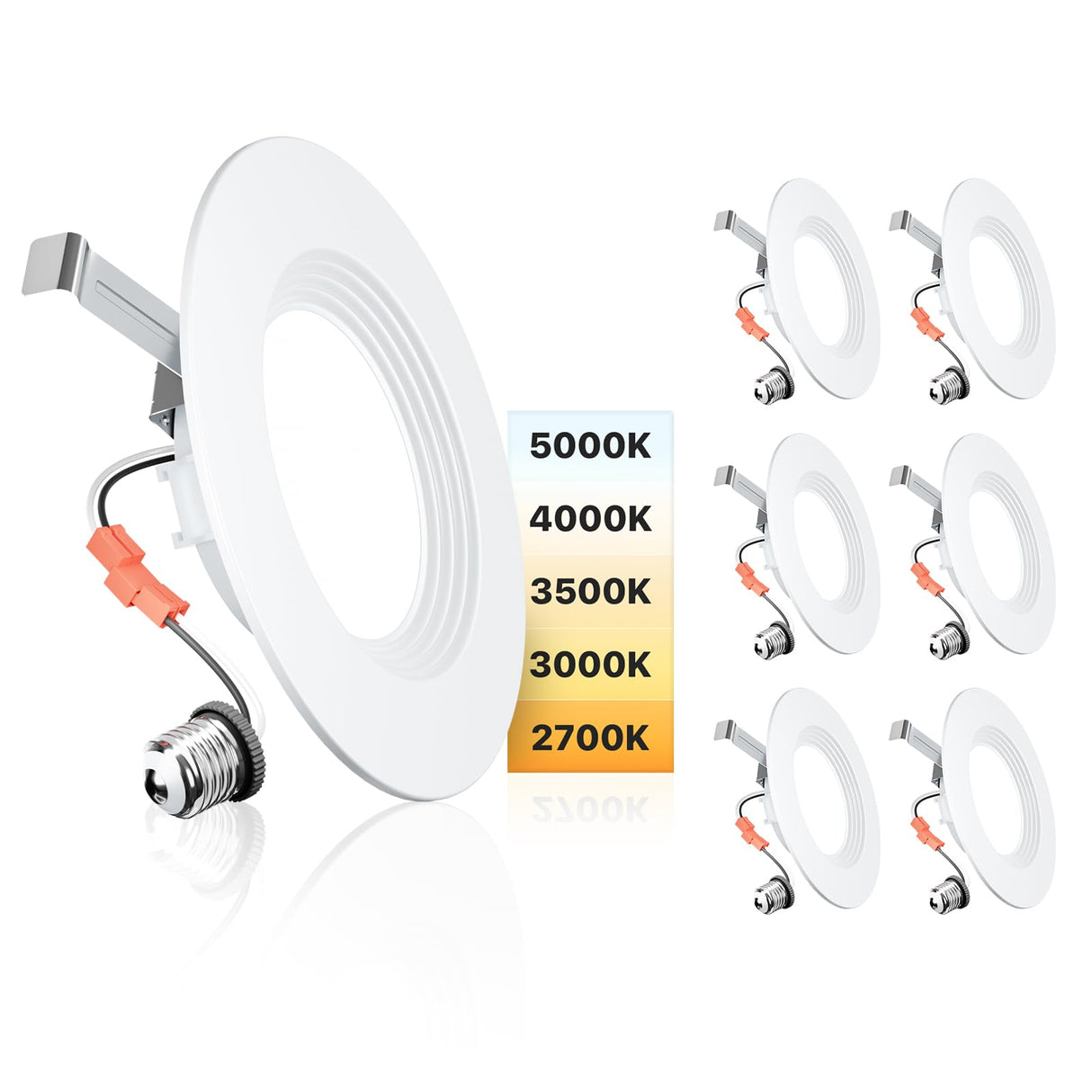 Ensenior 5/6 Inch 5CCT LED Can Lights 6 Pack, Retrofit Led Recessed Lighting, Baffle Trim, Dimmable, 9W=110W, 1000LM, 2700K/3000K/3500K/4000K/5000K Selectable, IC Rated - ETL & FCC