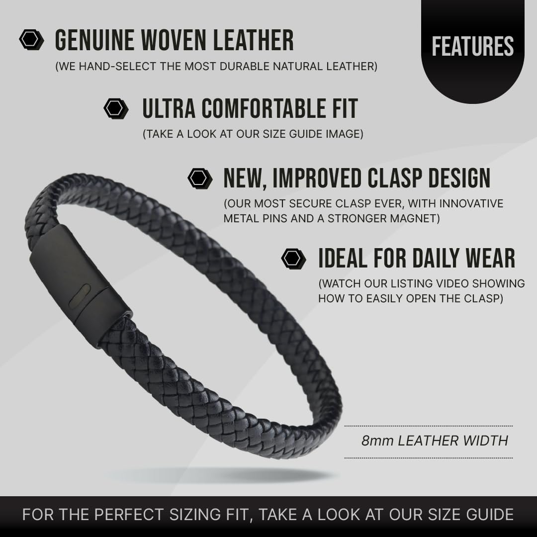 LUXAR Men’s Black Onyx Stone Bead Bracelets | Matte Black 8mm Stone | Minimalist, Designer Jewelry for Men (Black Leather, Medium)