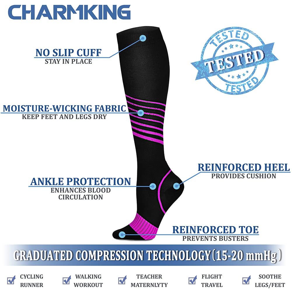 CHARMKING Compression Socks for Women & Men (8 Pairs) 15-20 mmHg Graduated Copper Support Socks are Best for Pregnant, Nurses - Boost Performance, Circulation, Knee High & Wide Calf (S/M, Multi 34)