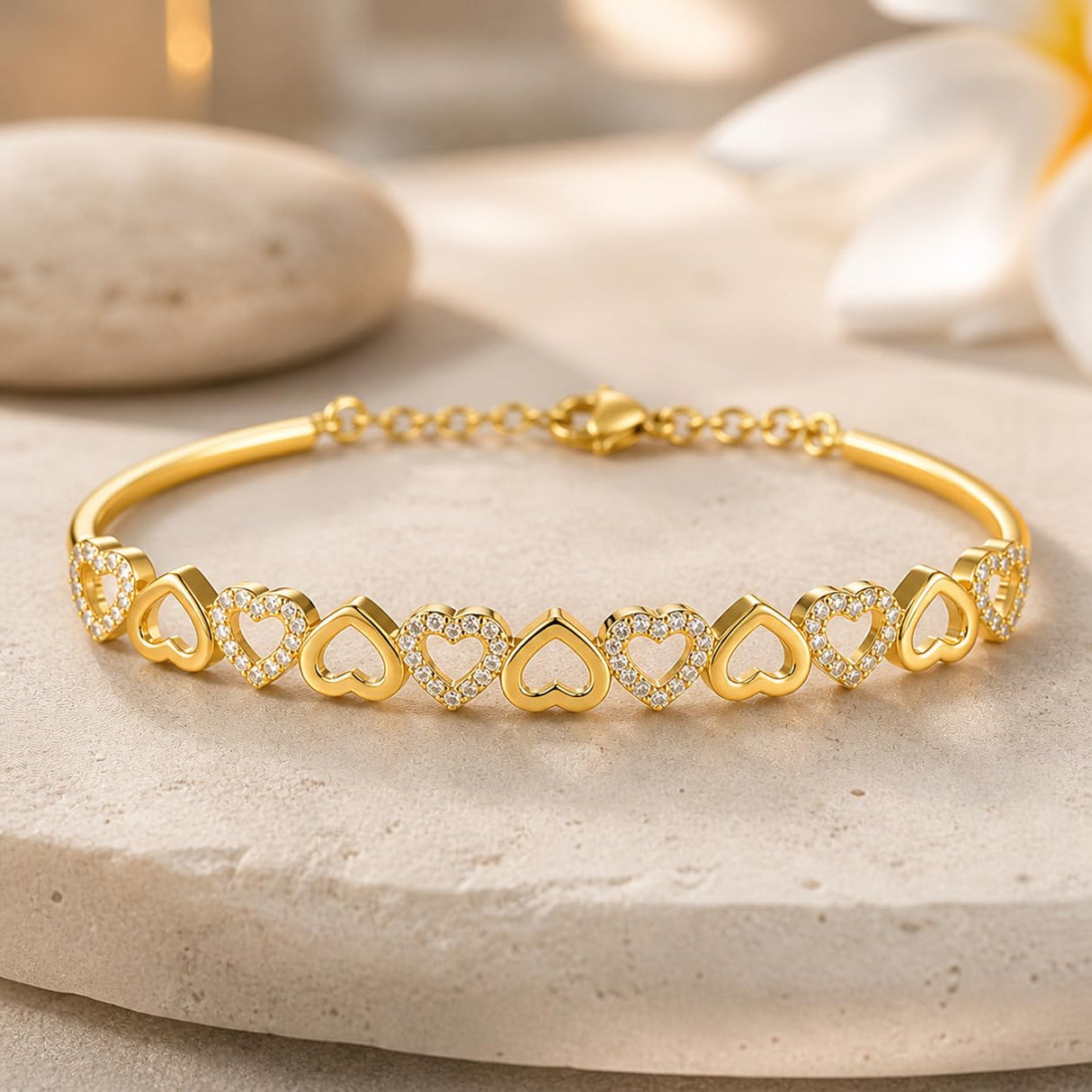 Amy & Annette 14K Gold Plated Heart Bangle Bracelet for Women with Crystals - Adjustable Gold Bangles, Heart Bracelets for Women, Cute Bangle, Gold Plated Bracelets