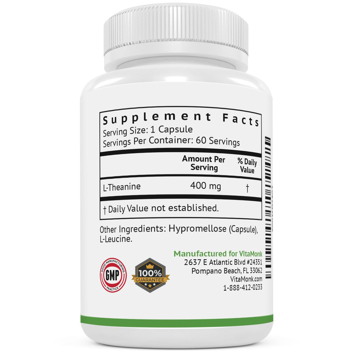 VitaMonk L Theanine 400mg Supplement - L-Theanine 400mg with No Artificial Fillers - Extra Strength L Theanine Supplement - Ltheanine 60 Capsules