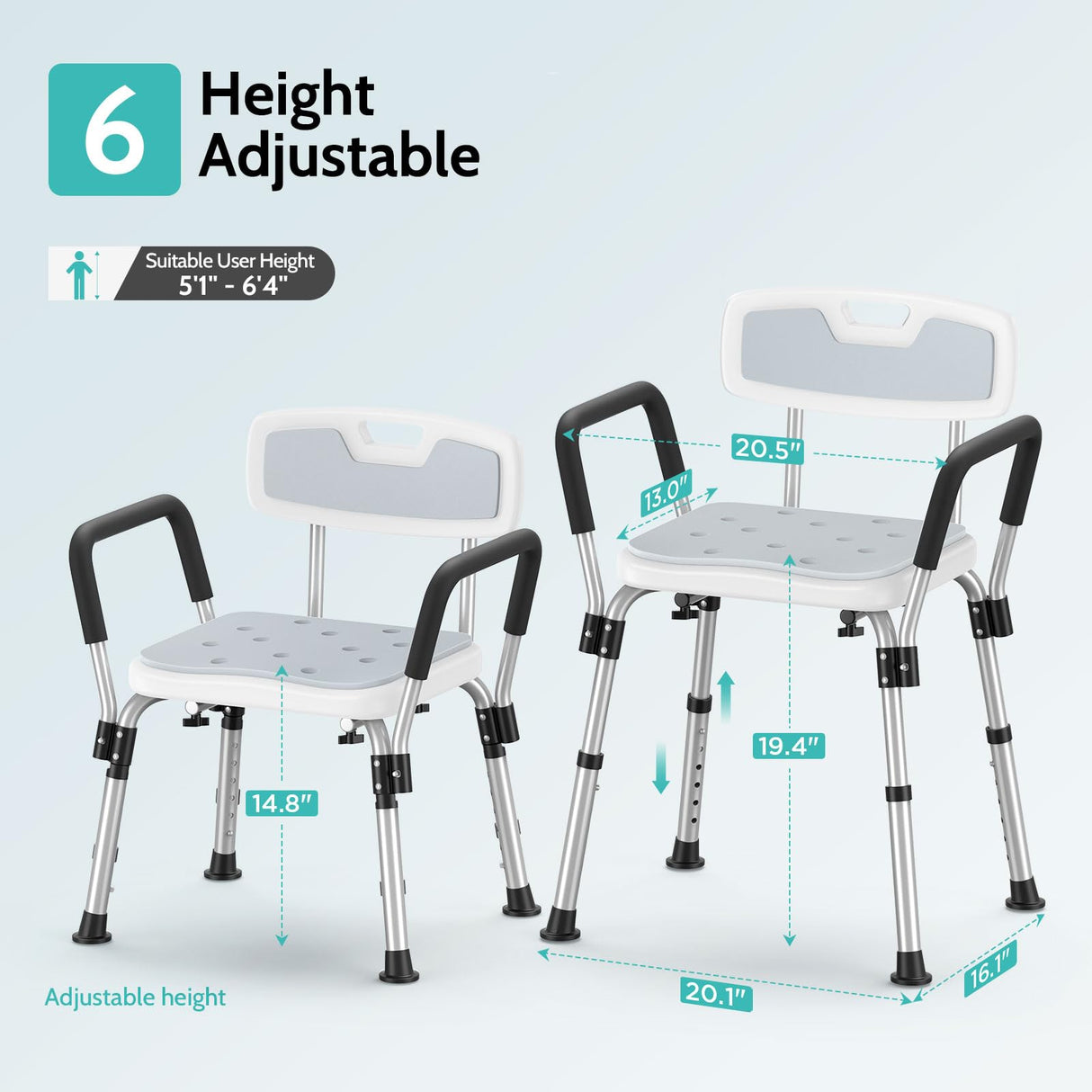Kicimpro HSA/FSA Shower Chair for Elderly & Disabled, 10 Min Installation, Heavy Duty Bath Chair with Pad, 6 Adjustable Height Shower Seat for 5'1"-6'4" Users