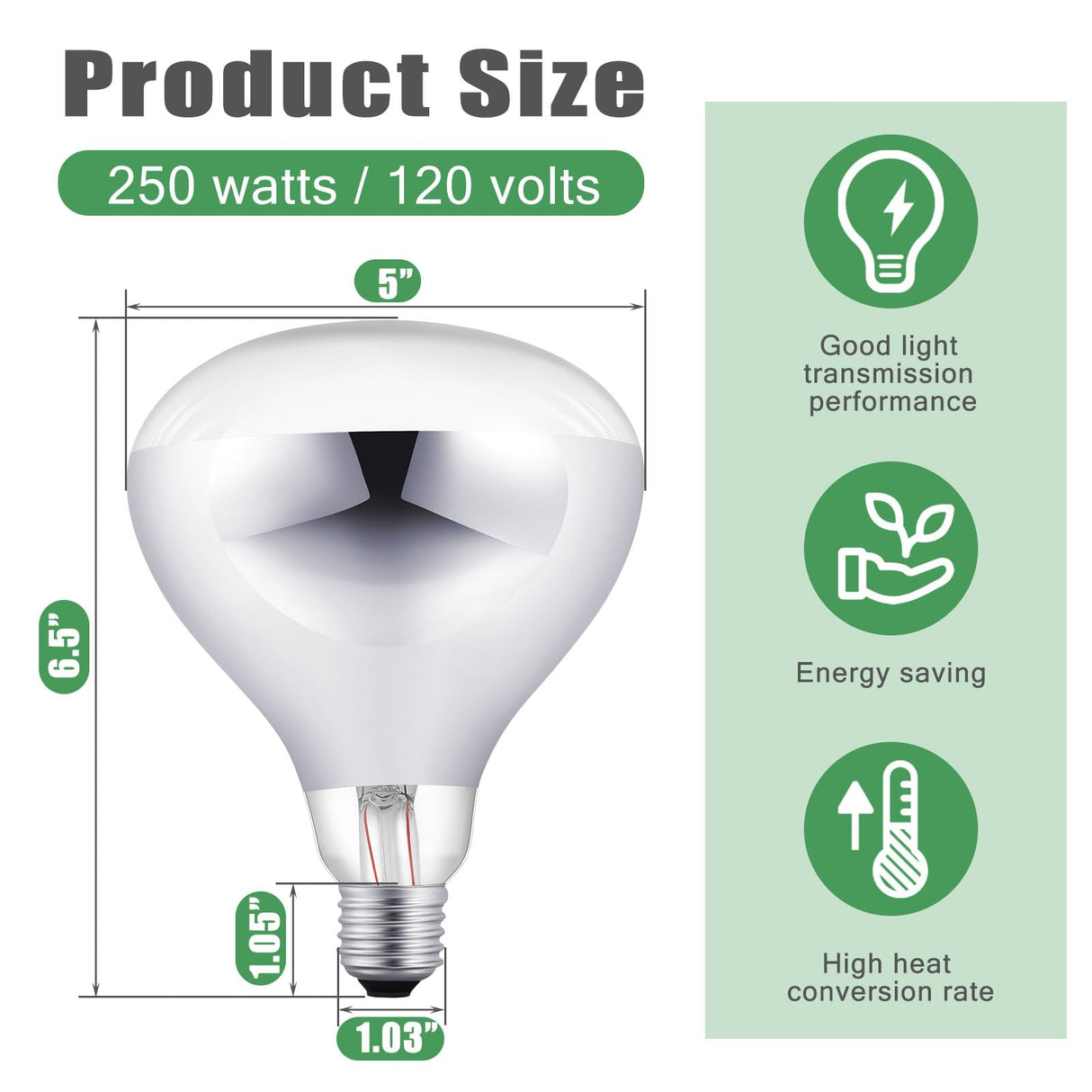 VIHOSE 6 Pack 250 Watt Heat Lamp 120v R40 Heat Lamp Bulbs Glass Incandescent Light Bulbs Incandescent Heating Lightbulbs for Reptiles Chicks Food Puppies Bathroom, Use E26 Base (Silver)