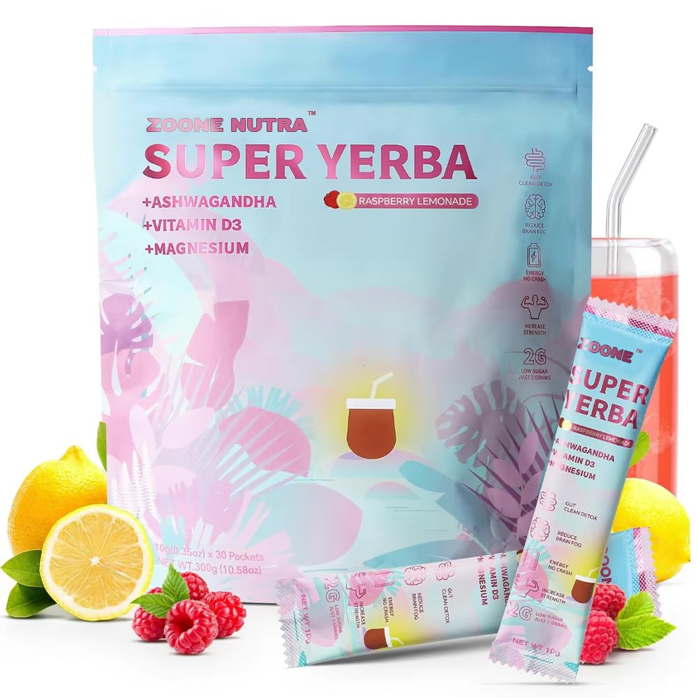Zoone Super Yerba Mate Instant Tea Powder with Prebiotics & Probiotics - Raspberry Lemonade Flavor for Gut Health, Energy Boost & Focus - 30 Servings Packets