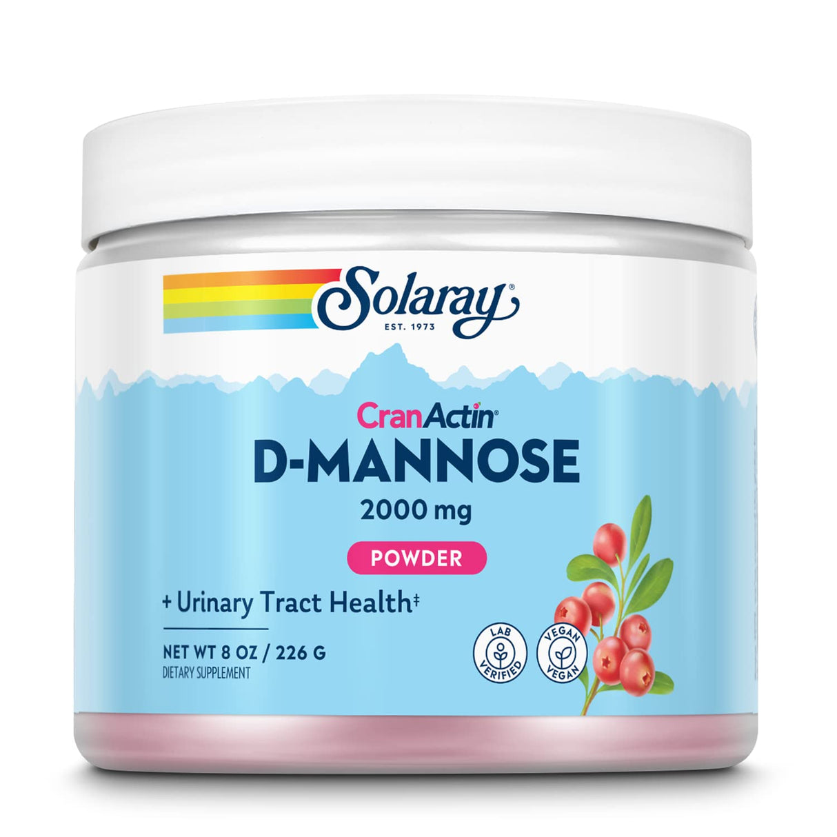 SOLARAY D-Mannose with CranActin Cranberry AF Extract Powder, 2000 mg, 400 mg of Cranberry Extract, Healthy Urinary Tract Support, Organic Natural Flavors, 30 Servings, 8 oz
