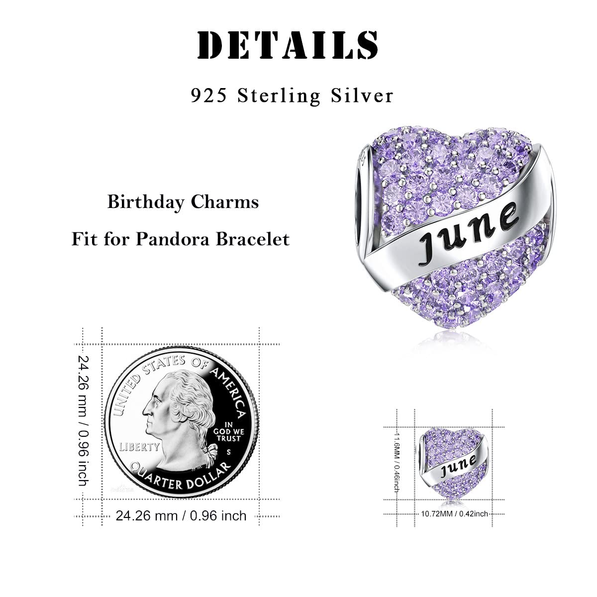 DALARAN Birthstone Charms for Pandora Bracelet 925 Sterling Silver Heart Bead Happy Birthday Present for Women (Jun Birthstone Charm-box)