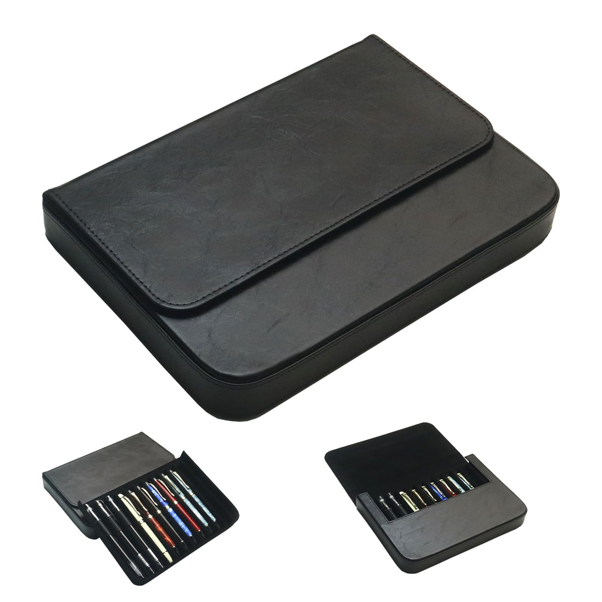 MIVLXLX Leather 12 Fountain Pen/Pencil Tray Case Organizer, Fashion Design, Handmade, Magnetic Closure with Drawer, Christmas Gift for Man/Woman/Office, 12 Slots(black)