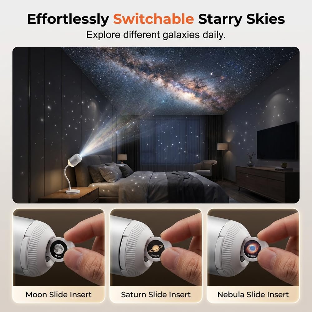asfanst 2-in-1 Galaxy Projector Night Light, USB Starry Sky Night Light Projector with Adjustable Brightness, Mini LED Projection Lamp for Bedroom Ceiling Wall Room Decor (24 Projection Films)