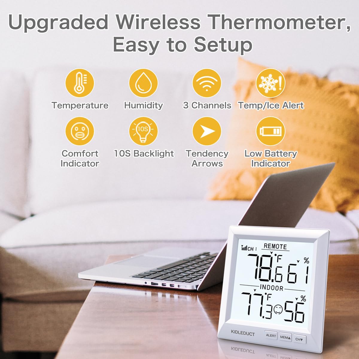 KIDLEDUCT Indoor Outdoor Thermometer Wireless Battery Powered, High Precision Inside Outside Humidity Temperature with Alert, Backlight Weather Thermometers with 1 Sensor, 330ft Wireless, White
