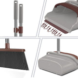 kelamayi Upgrade Broom and Dustpan Set, Self-Cleaning with Dustpan Teeth, Ideal for Dog Cat Pets Home Use, Super Long Handle Upright Stand Up Broom and Dustpan Set (Brown)