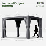 Aoxun Louvered Pergola 10x12 All-Aluminum Outdoor Gazebo with Independent Adjustable Roofs, Waterproof Curtains and Netting, Integrated Drainage System for Patios & Backyard
