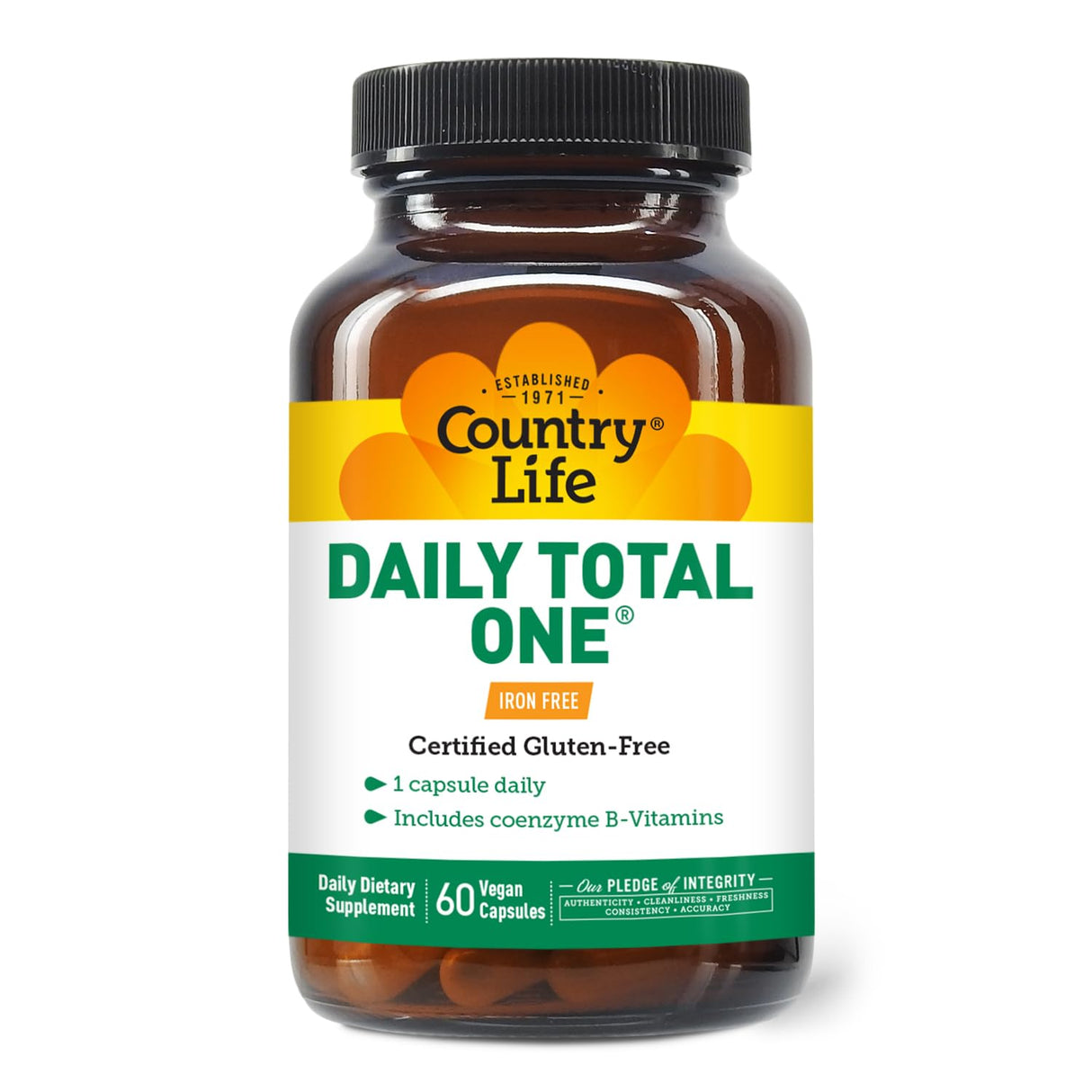 Country Life Daily Total One Multivitamin, Iron Free Once a Day Multivitamin & Multimineral Complex, Vitamins A, C, D, Including Coenzyme B-Vitamins, Supports Energy Metabolism, 60 Vegan Capsules