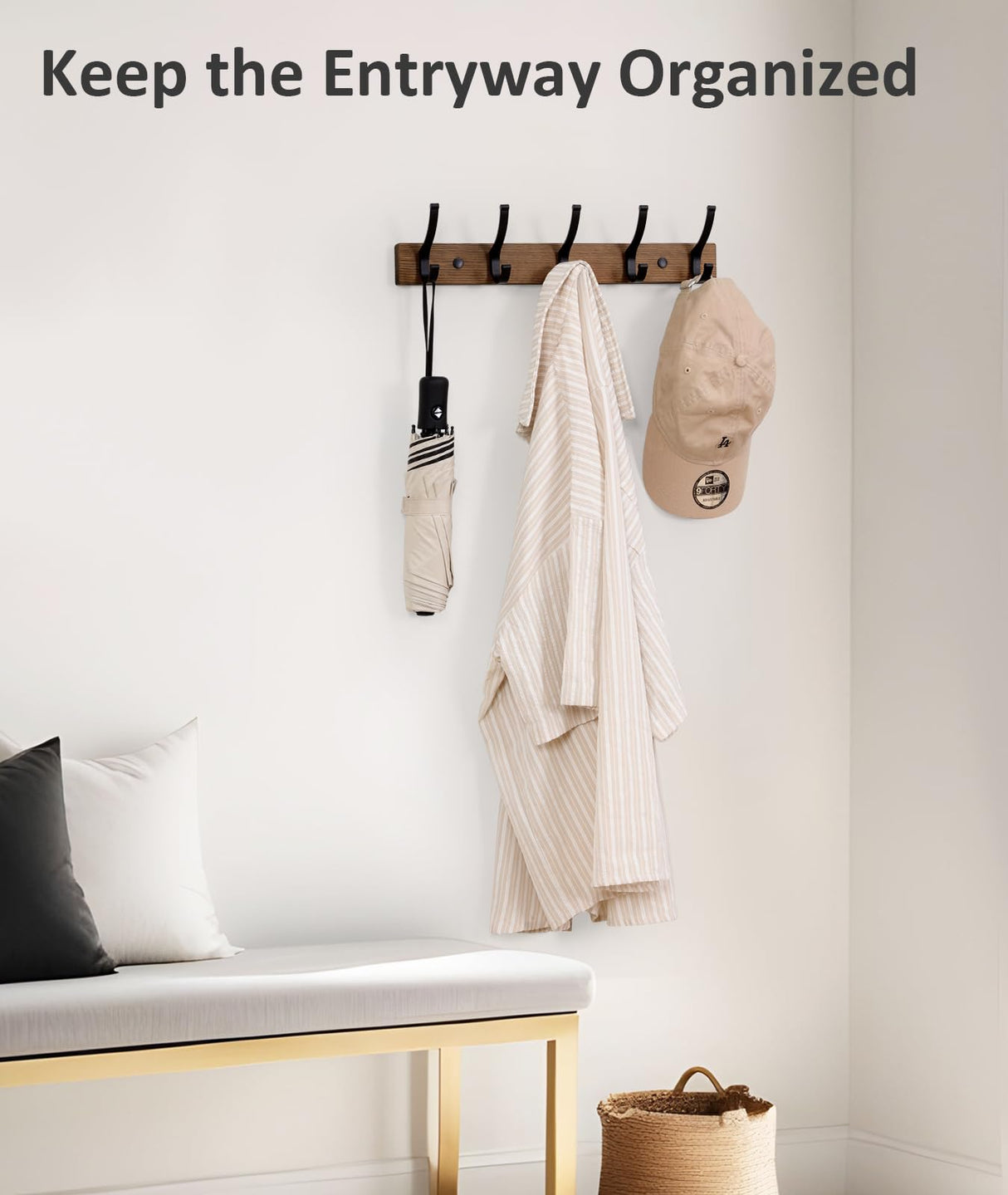 Optish Coat Rack Wall Mount, 16.5 Inches Wood Coat Hooks Wall Mount, Wall Coat Rack with 5 Hooks, Hat Rack Wall Hooks for Hanging Coat, Bag, Towel (2Pack, Brown)