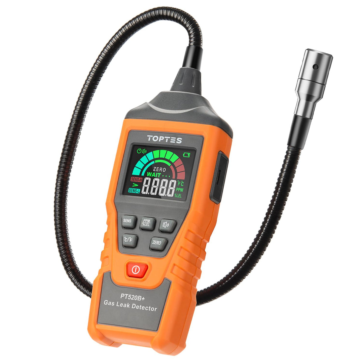Rechargeable Gas Leak Detector, PT520B+ Natural Gas Leak Detector with a 17-inch Probe to Situate Gas Leaks for Propane, Natural Gas, Methane, LPG in RV or Home, Measuring PPM or%LEL - Orange