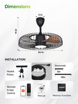 Orison Outdoor Ceiling Fans with Lights for Patio, 24" Weatherproof Ceiling Fan, Gazebo Fan Remote & APP Control, 3CCT Dimmable,Caged Plug in Ceiling Fan with Hanging Hook for Pergola Porch Canopy