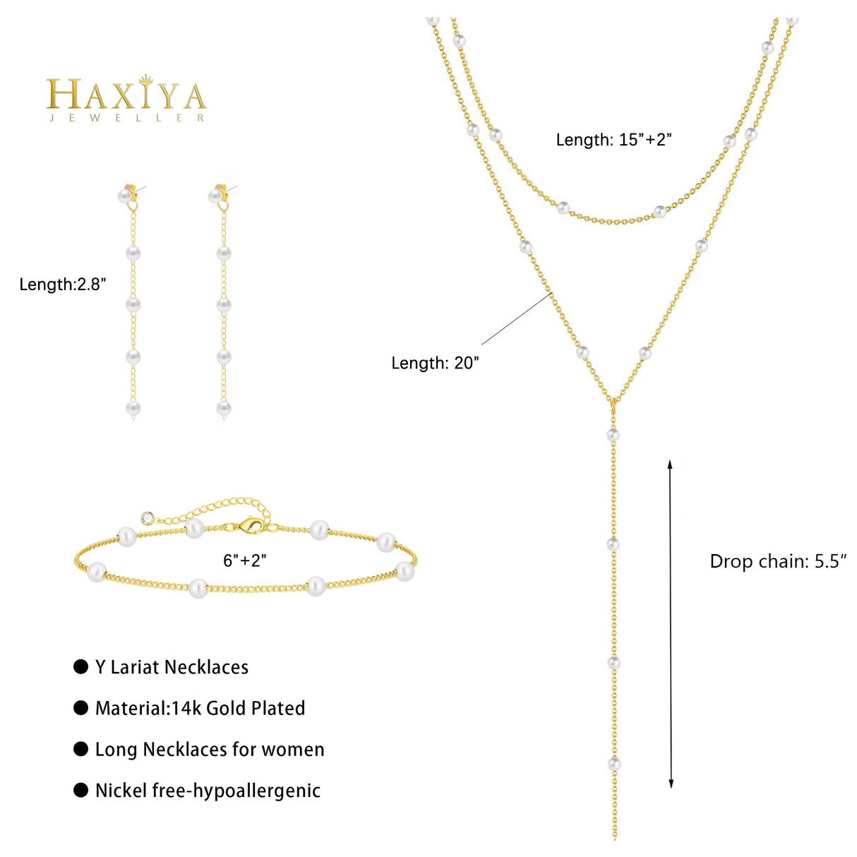 HAXIYA Lariat Long Gold Necklace for Women Pearl Y Necklaces Set