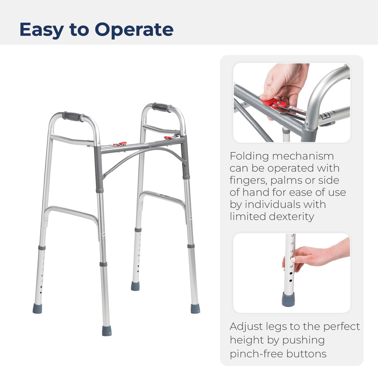 Drive Medical Deluxe 2-Button Folding Walker, Lightweight Walkers for Seniors and Adults, 350 lb. Weight Capacity, Silver