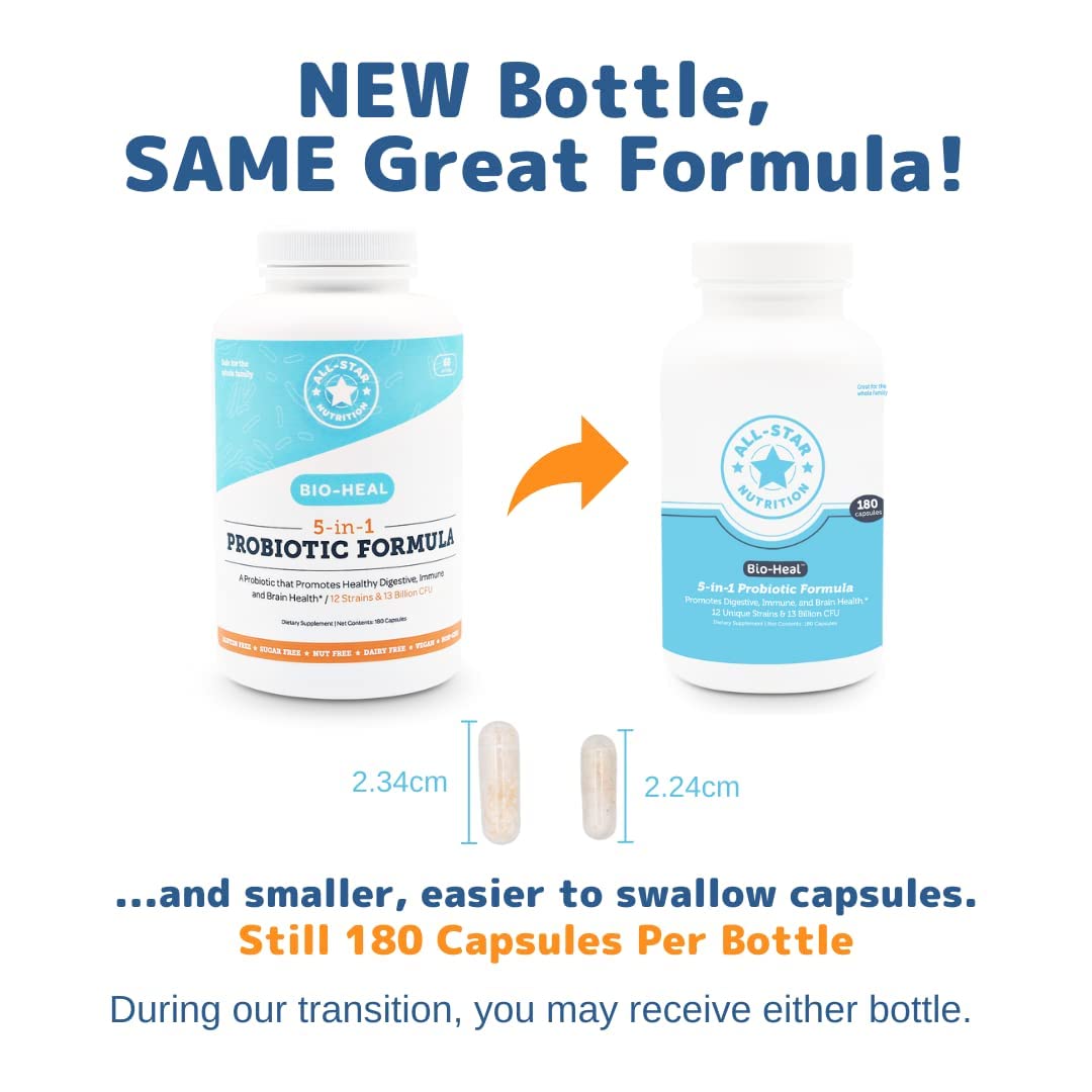 5-in-1 Bio-Heal® Probiotic Capsules for Kids, Men & Women - Best Supplement for Brain Function, Gut Health & Constipation - Shelf Stable & Fortified with Vitamins, Minerals & Prebiotics