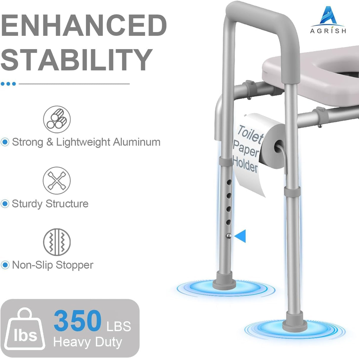 Agrish Raised Toilet Seat with Handles - FSA/HSA Eligible Cozy Padded Elevated Medical Toilet Seat Risers for Seniors, 350lb Adjustable Handicap Toilet Riser - Gray