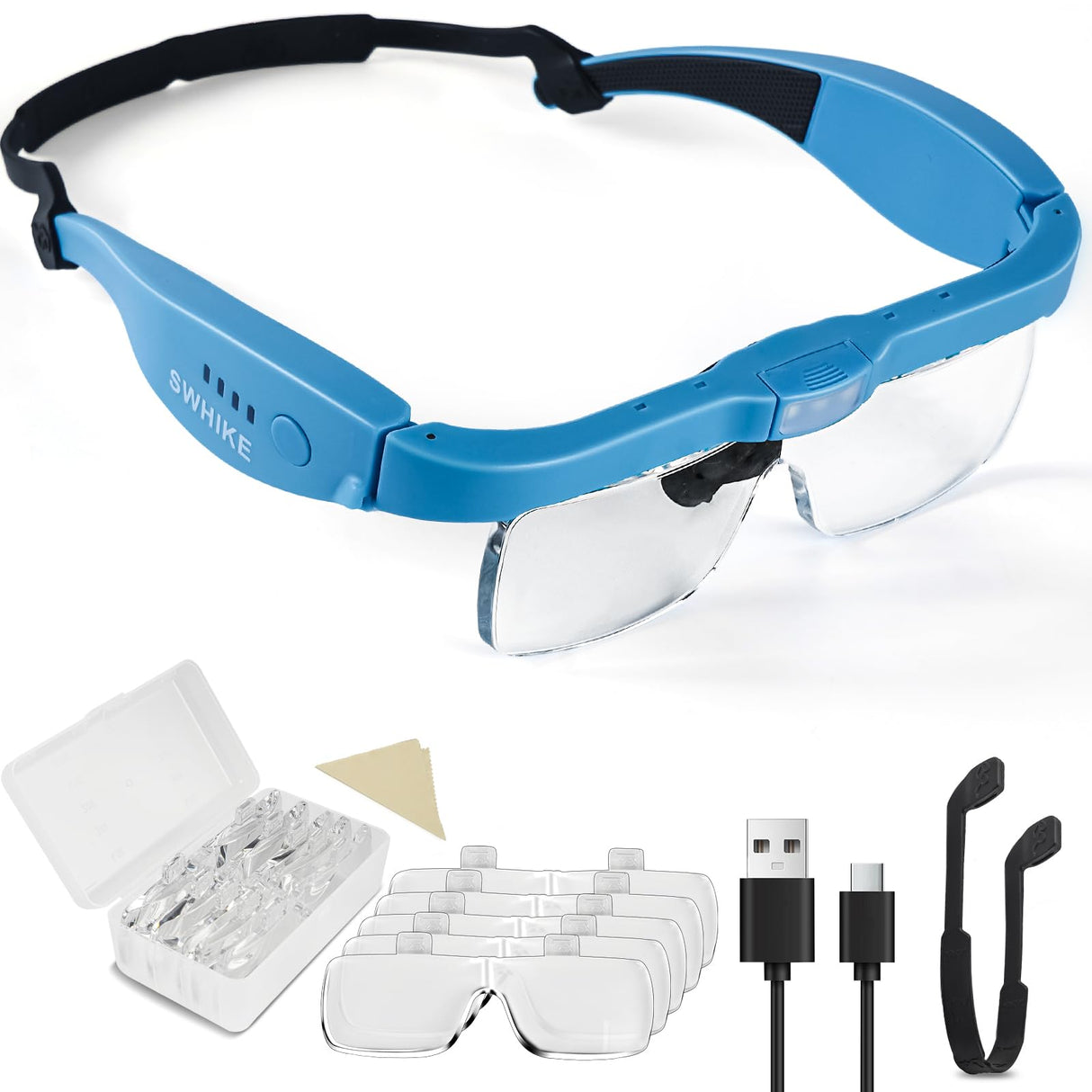 Magnifying Glass with Light Hands Free, Rechargeable Magnifying Glasses Headset with 5 Detachable Lenses Magnifier for Close Work, Reading, Jewelry Making Crafts (Blue)