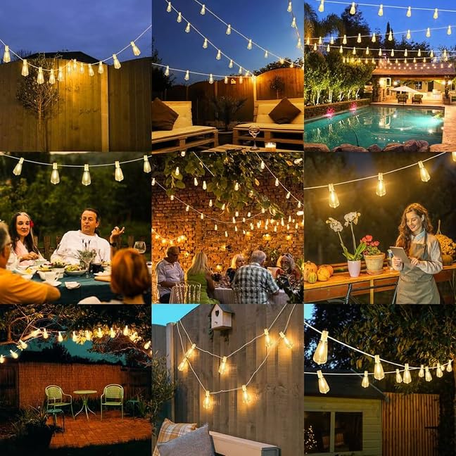 Brightever 50FT Outdoor String Lights Weatherproof, Patio Lights with 25+2 ST38 Edison Shatterproof Bulbs, Commercial Grade Warm White LED String Lights Decorative for Christmas, Wedding, Party, White