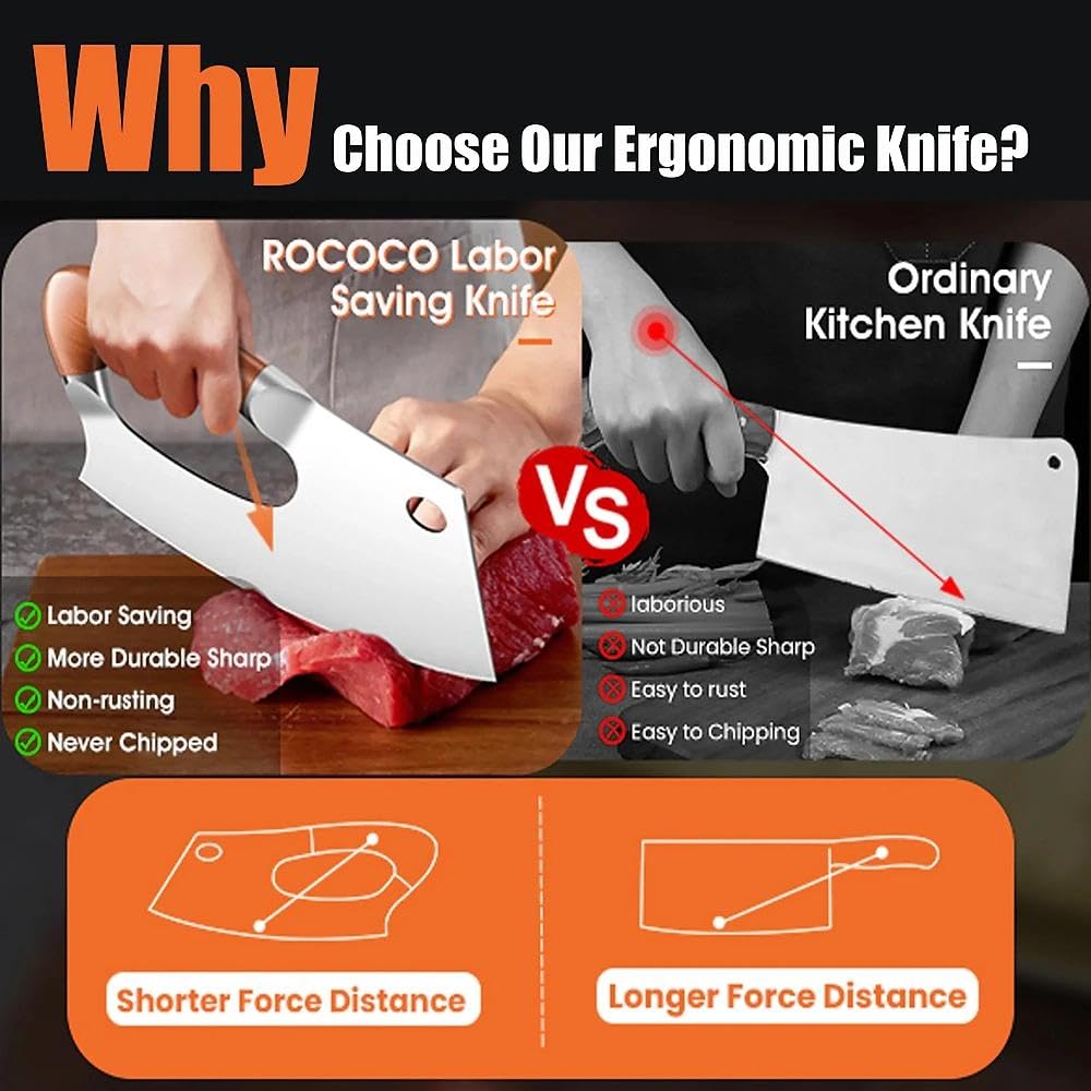ROCOCO Meat Cleaver Knife Unique Effort Saving Kitchen Knife Professional Stainless Steel Chef Cooking Knives for Cutting Meat Vegetable Father Mother Christmas Gift Bronze