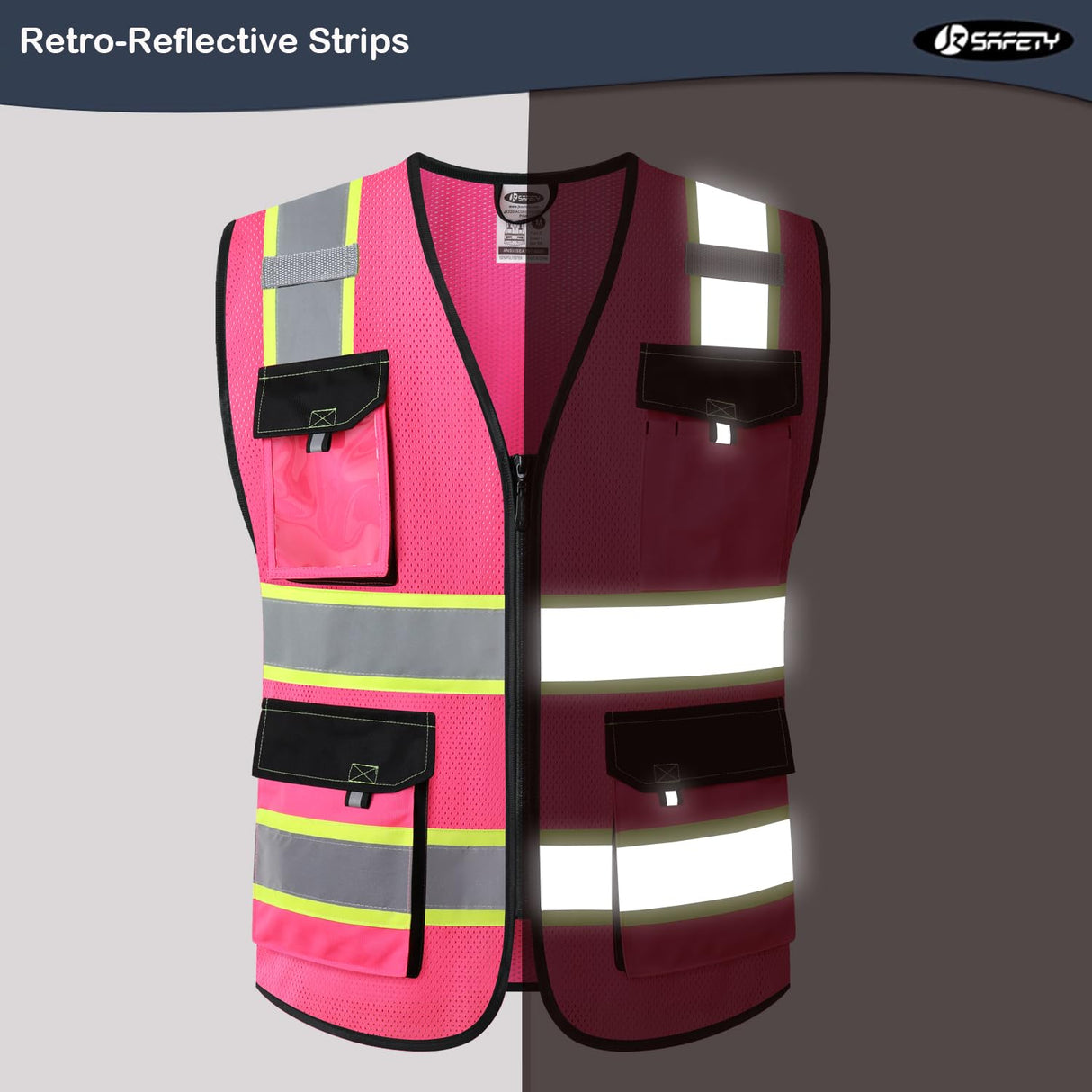 JKSafety Hi Vis Reflective Safety Vests for Men Women High Visibility Vest with Pockets Mesh Fabric Construction Safety Apparel Neon Vest for Work (220-Pink XXL)