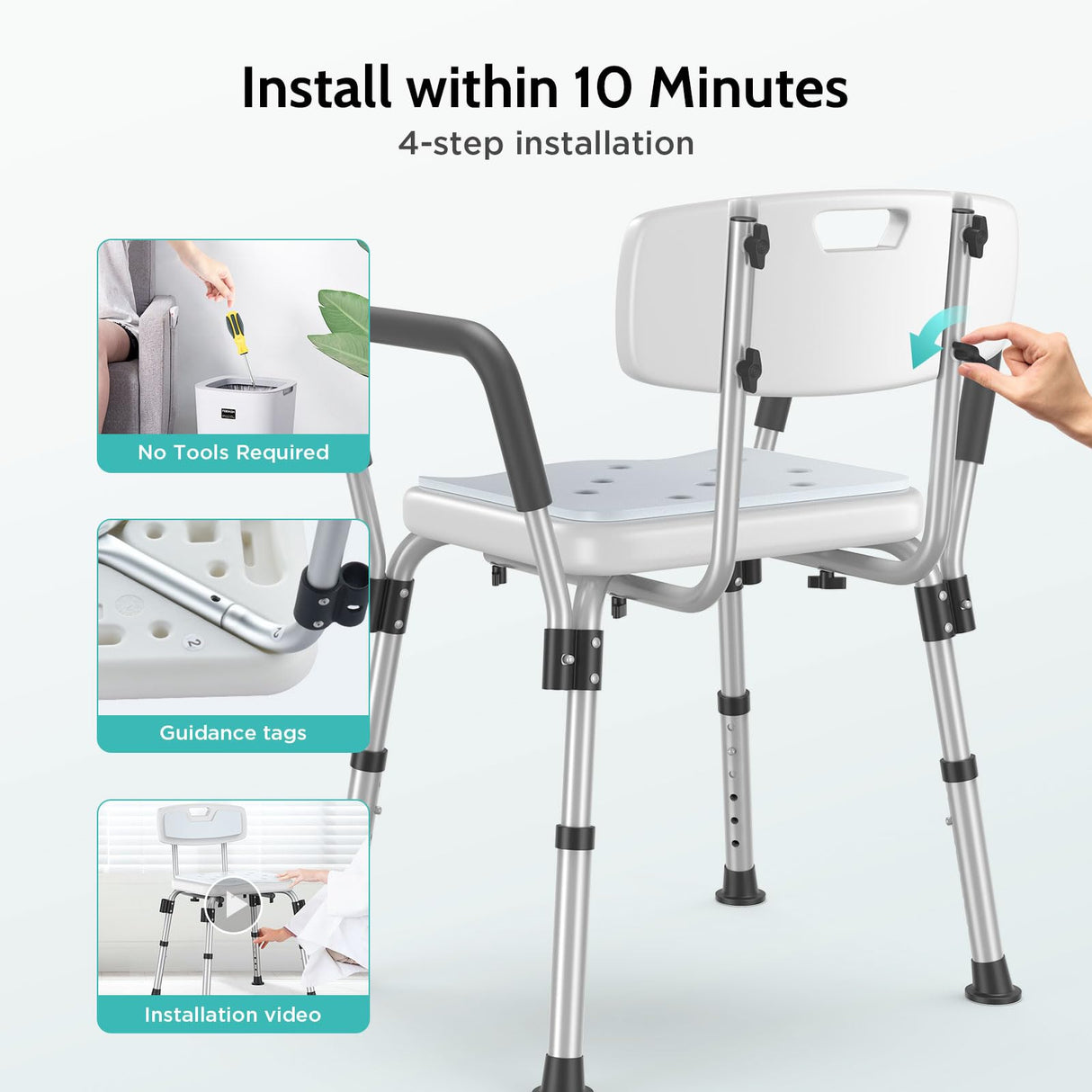 Kicimpro HSA/FSA Shower Chair for Elderly & Disabled, 10 Min Installation, Heavy Duty Bath Chair with Pad, 6 Adjustable Height Shower Seat for 5'1"-6'4" Users