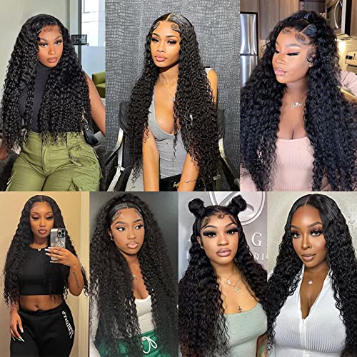 24Inch Deep Wave Lace Front Wigs Human Hair-13x4 HD Transparent Deep Wave Frontal Wigs Human Hair Glueless Curly Wigs for Women 200% Density Curly Lace Front Wigs Human Hair Pre Plucked with Baby Hair