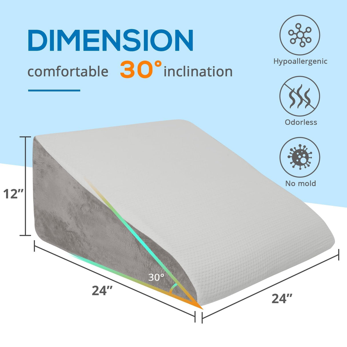 Sasttie Wedge Pillow, 12 Inch Memory Foam Bed Wedge Pillow for Sleeping, Acid Reflux, Back Pain, Post Surgery, and Snoring, Designed with Washable Cover, Solid Warm Gray