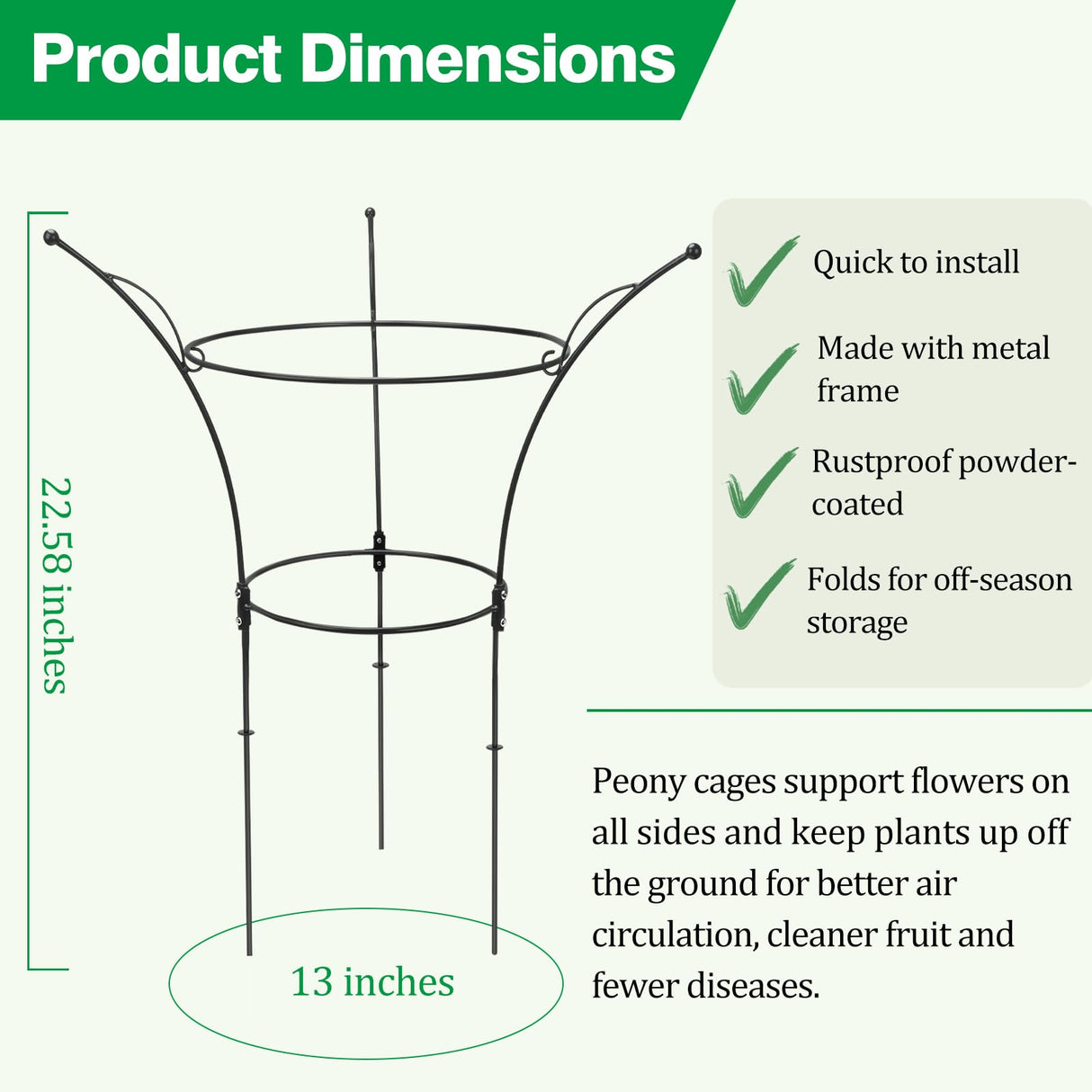 HEYTIMI 4 Pack Peony Cages and Supports Cages 13" D x 22.8" H Heavy Duty Metal Support Frame for Peonies & Roses Natural Bouquet Shape Garden Stakes for Outdoor Plants Flowers Ornamental (Black)