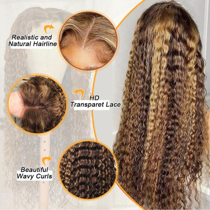 Honey Blonde 13x6 Deep Wave Lace Front Wigs Human Hair 30 inch 4/27 Highlight Ombre Deep Wave HD Transparent Lace Front Wigs Pre Plucked 200% Density Wet And Wavy Curly Lace Frontal Wig for Women