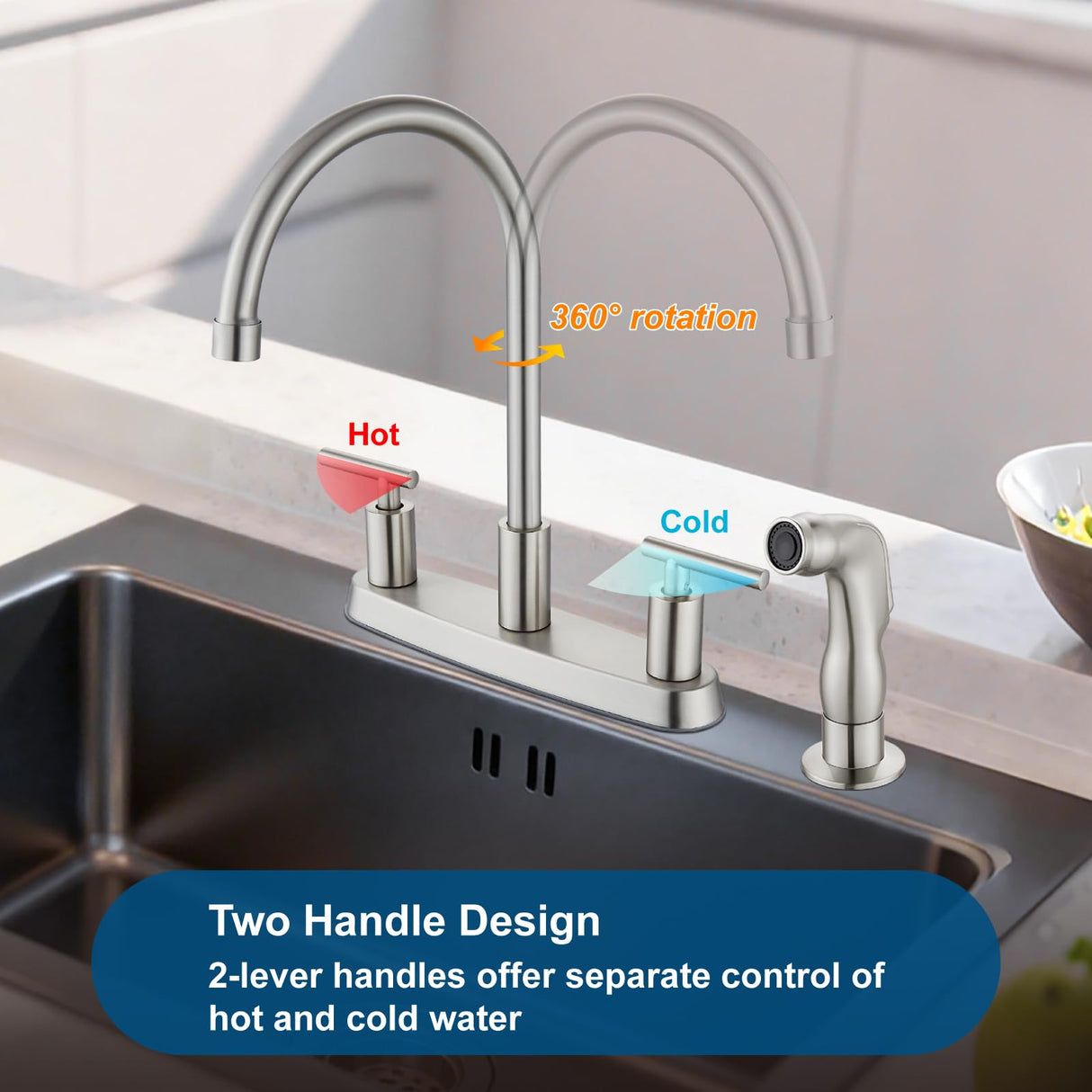 Cinwiny Kitchen Faucet, High Arc 360° Swivel Spout, 2-Handle 8 Inch Centerset Kitchen Sink Faucet with Side Sprayer, 3 or 4 Hole Kitchen Faucet for RV, Utility & Laundry Sink, Brushed Nickel
