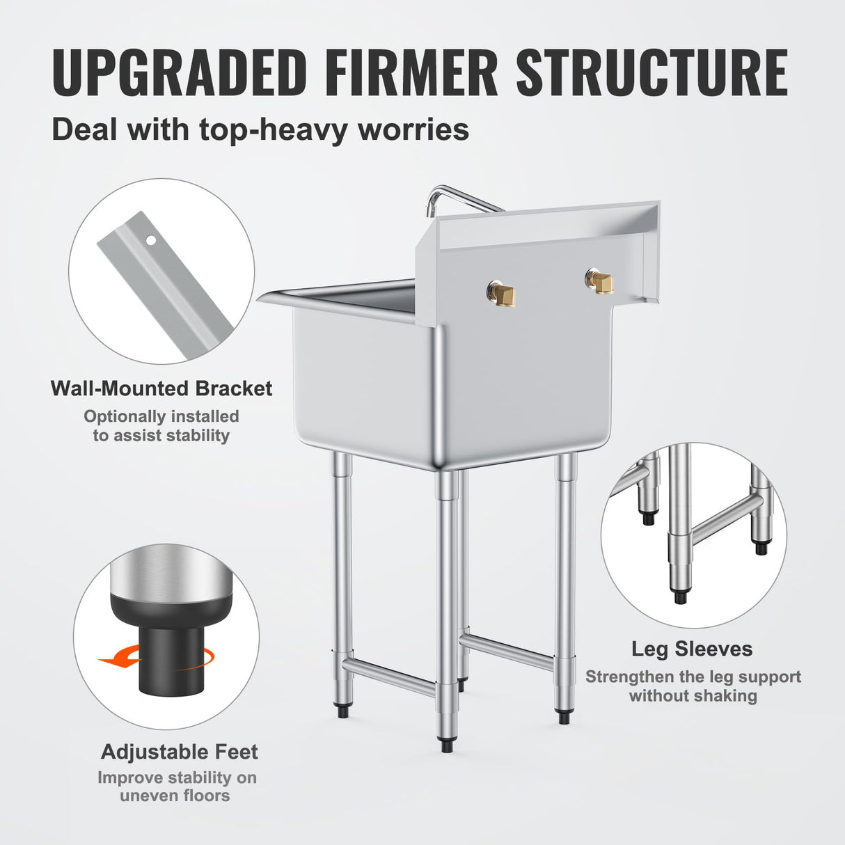 VEVOR Stainless Steel Prep & Utility Sink, 1 Compartment Free Standing Small Sink Include Faucet & legs, 21"x18" Commercial Single Bowl Sinks for Garage, Restaurant, Kitchen, Laundry