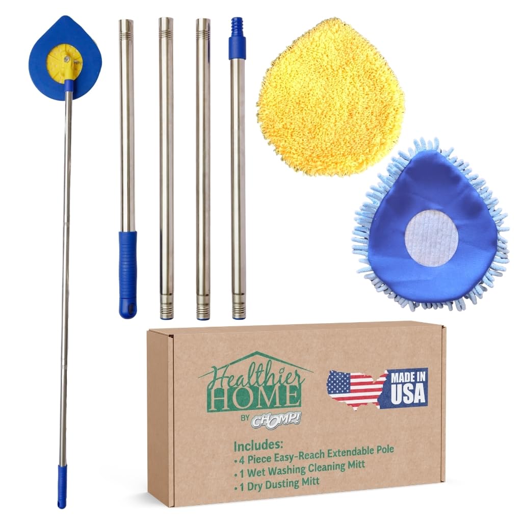 CHOMP Long Handle Wall Cleaner, 5 Minute CleanWalls Extendable Wall Washer, Ceiling Cleaner, Baseboard Duster, Telescoping Dry Dust and Wet Wash Cleaning Mop with Washable Microfiber Pad