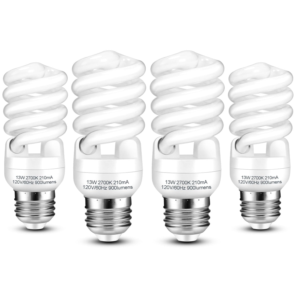 Barfelty E26 CFL Light Bulbs 13Watt, T2 Spiral Soft White 2700K 900lm E26 Medium Base Compact Fluorescent Light Bulbs, UL Approved, 120v 60Hz, Self Ballasted CFL Bulbs (60Watt Equivalent), Pack of 4