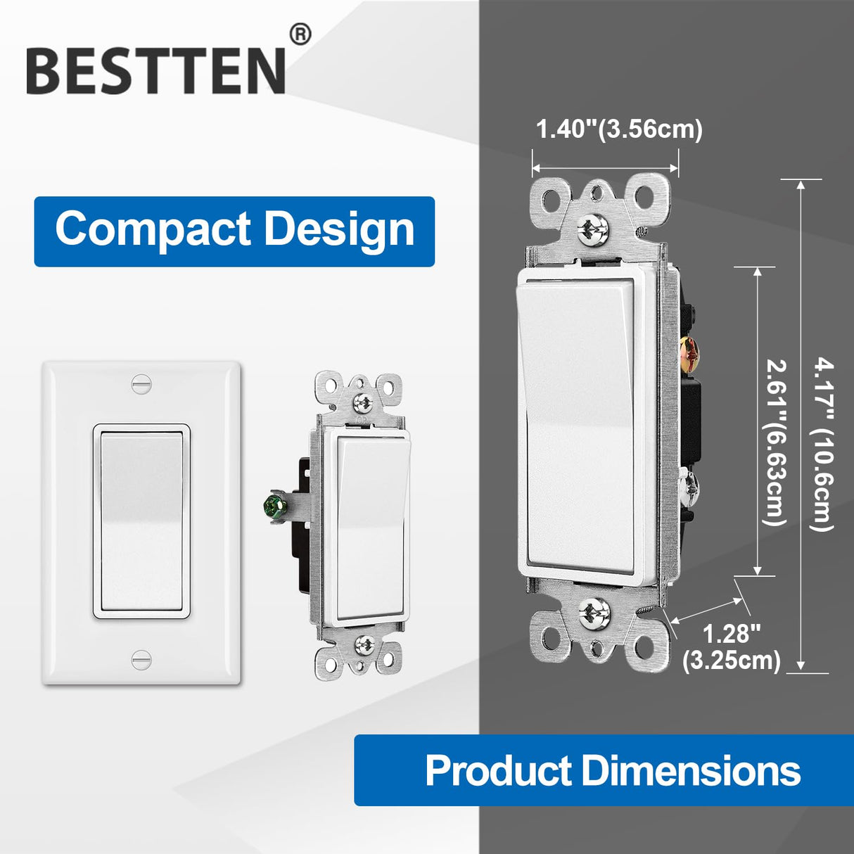 BESTTEN 10 Pack Single Pole Decorator Light Switch with Wallplate, 15A 120/277V, Rocker Paddle Wall Switch, On/Off Interrupter for LED and Other Lamps