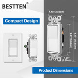 BESTTEN 10 Pack Single Pole Decorator Light Switch with Wallplate, 15A 120/277V, Rocker Paddle Wall Switch, On/Off Interrupter for LED and Other Lamps