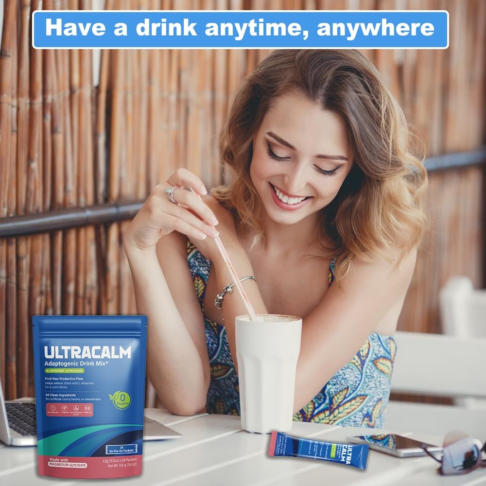 UltraCalm Super Cortisol Drink – Calm Magnesium Glycinate Powder – 30 Servings – L-theanine, Ashwagandha, Vitamin D – No Sugar – Raspberry Lemonade – Electrolytes Powder