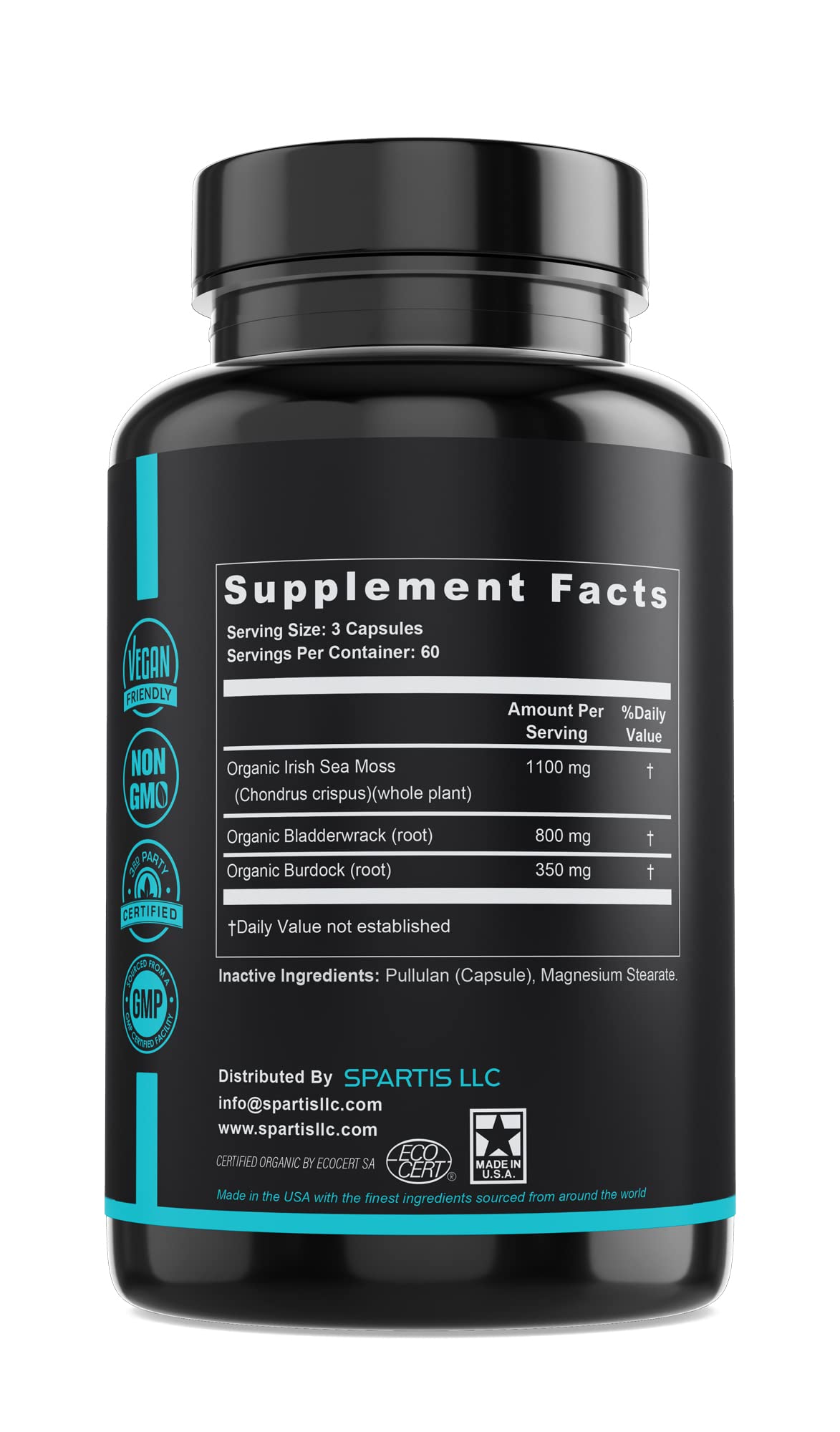 SPARTIS Certified Organic Sea Moss Capsules 2250mg Wildcrafted Irish Sea Moss Burdock Root Bladderwrack Supplement Raw Seamoss Pills & Powder (Pack of 1 at 180-Caps)