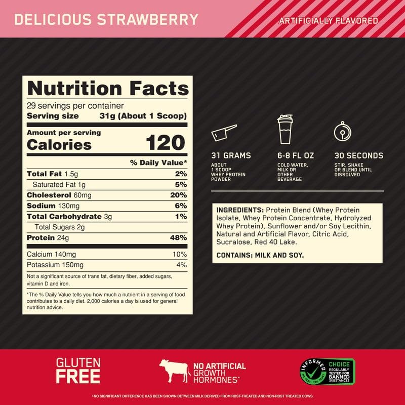 Optimum Nutrition Gold Standard 100% Whey Protein Powder, Delicious Strawberry, 2 Pound (Packaging May Vary)