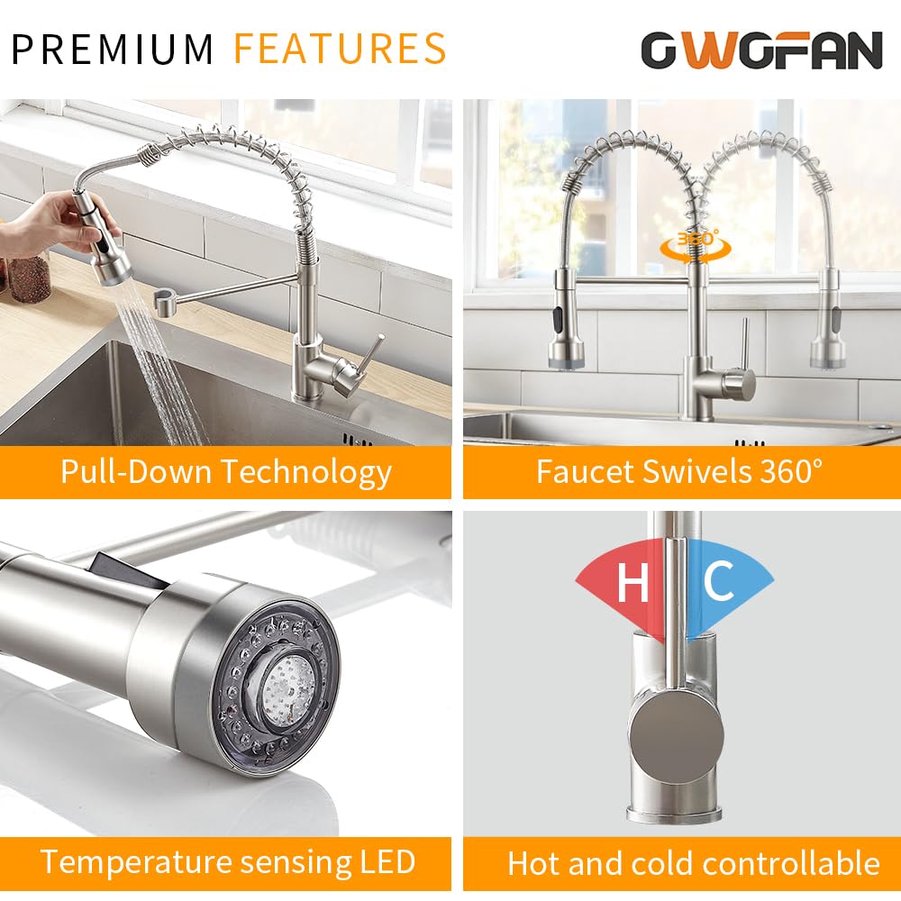 LED Light Kitchen Faucet with Pull Down Sprayer Sus304 Stainless Steel Industrial Single Handle Faucet for Farmhouse Camper Laundry Utility Rv Wet Bar Sinks Brushed Nickel 9003SN